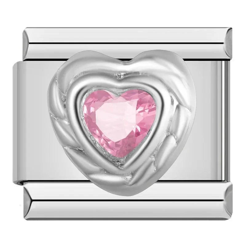 Silver Heart with Large Pink Stone, on Silver - Charms Official