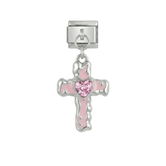 Pink Cross with Heart, on Silver