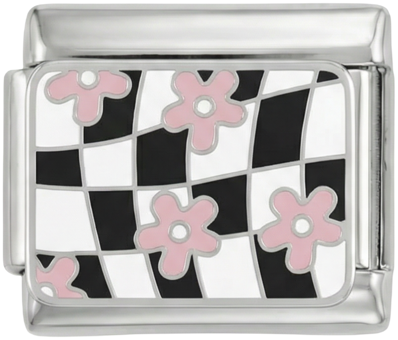 Black & White Checkers with Pink Flowers on Silver - black-white-checkers-with-pink-flowers-on-silver.png