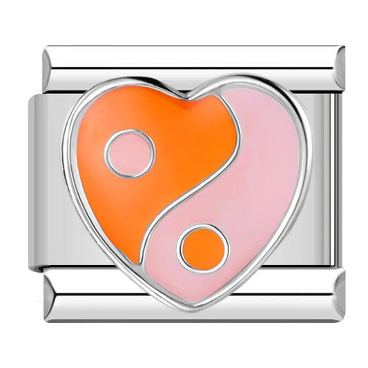 Yin & Yang Heart, Orange & Pink, on Silver - Charms Official